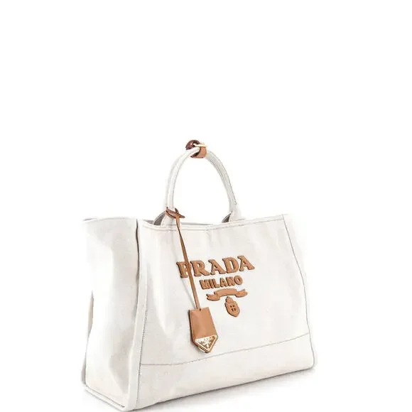 Prada Logo Tote Linen Blend Large #223418P23B - Picture 2 of 8